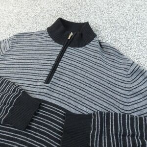 Lambswool Sweater Mens L Gray Stripe 1/4 Zip Mock Neck Knit Pullover‎ Soft Italy